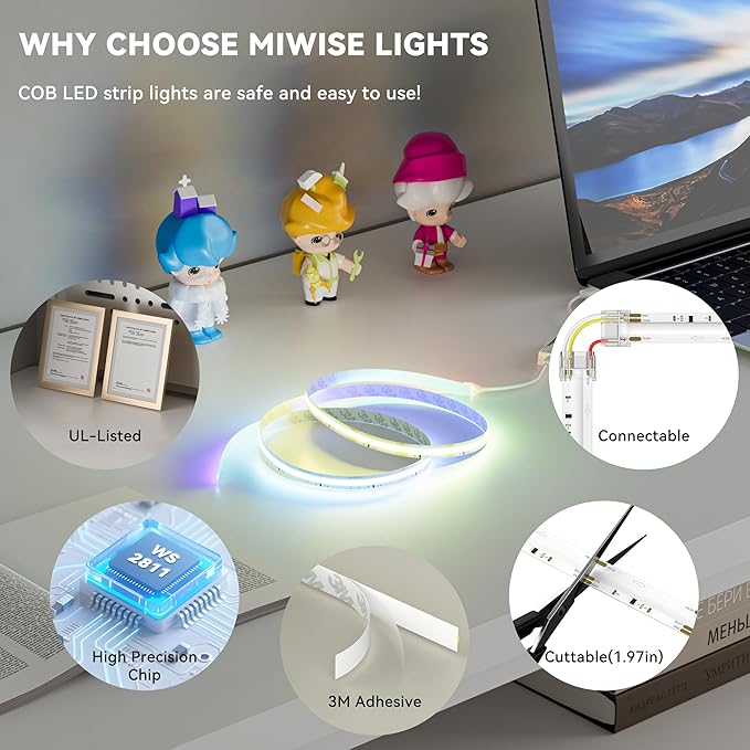 MIWISE 5V USB COB LED Strip Lights, RGB Smart IC LED Strip - Image 5