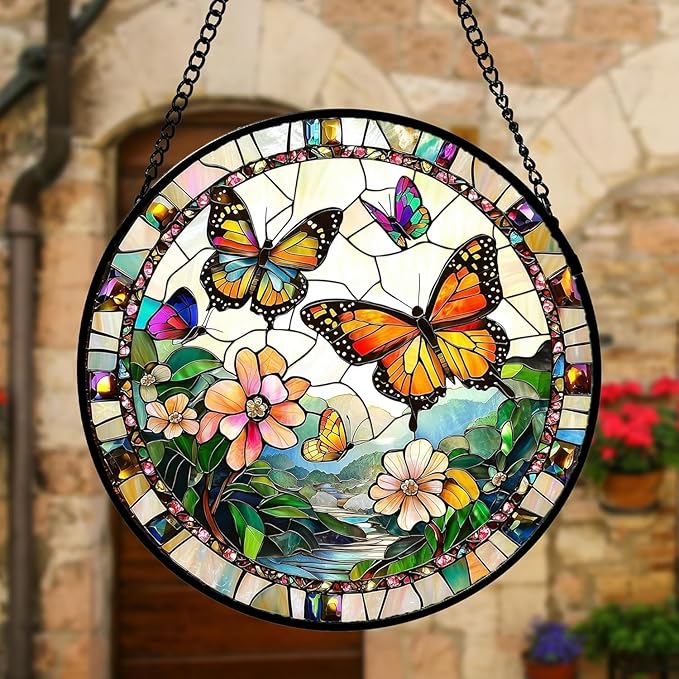 DASTOLL Stained Glass Window Hanging, Butterflies Flying in The Sky Suncatcher - Image 2