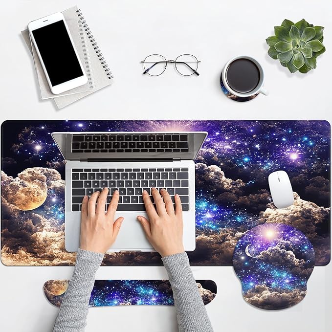 Britimes Moon Space Night Keyboard Mouse Pad Set Blue Cute Cloud 4in1 Large - Image 7