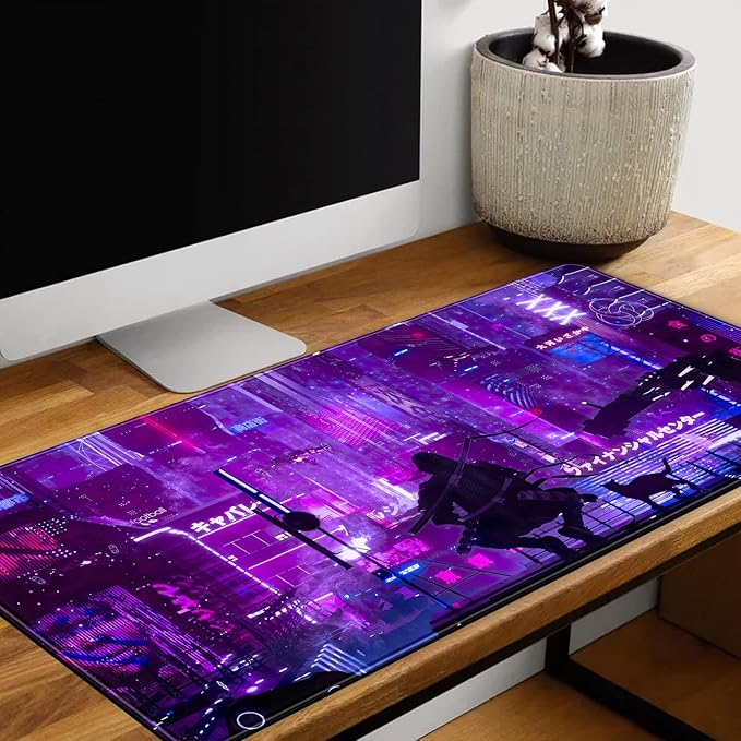 Anime Neon Mouse Pad Purple City Gaming Desk Big Cute Kawaii Pink Extended - Image 5