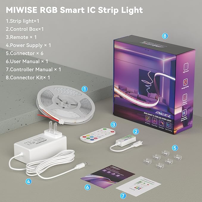 MIWISE COB LED Strip Light, RGB Smart IC COB LED Strip Lights Music Sync - Image 8