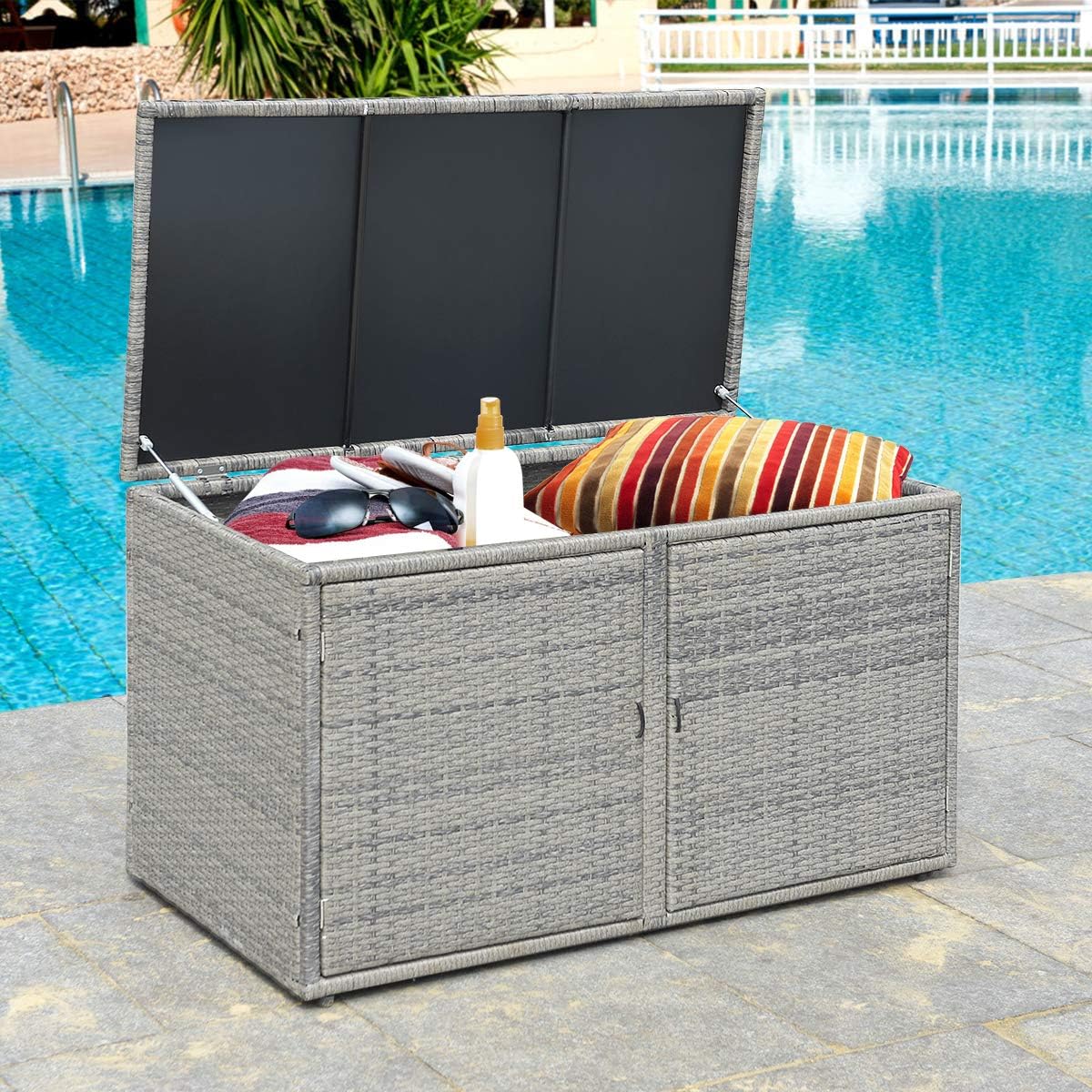 tangkula outdoor wicker storage box, garden deck bin, main product view