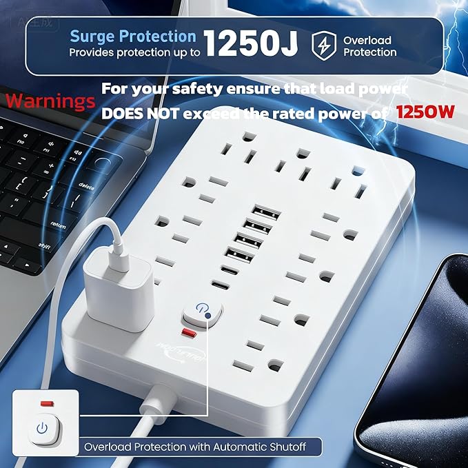 JouleLoom 20 FT Flat Plug Surge Protector Power Strip, 11 Multiple AC Outlets - Image 8