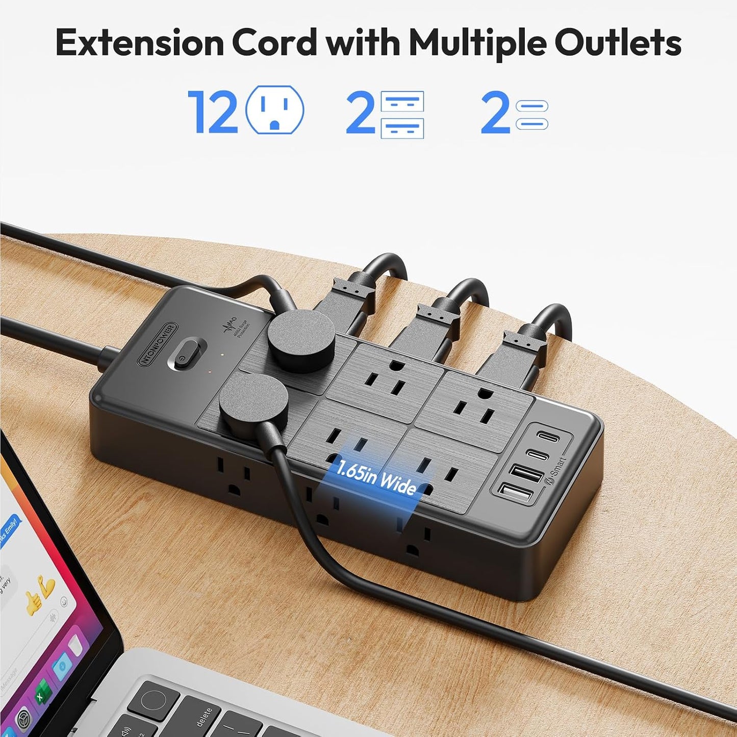 NTONPOWER Long Cord Power Strip, 25 FT Extension Cord with 12 Outlets & 4 USB Ports (2 USB C), 3 Side Multiple Outlet Extender, Wall Mounted for Home Office