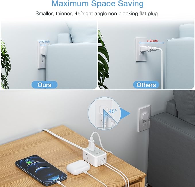 TESSAN Small Flat Plug Power Strip, Ultra Thin Extension Cord - Image 2