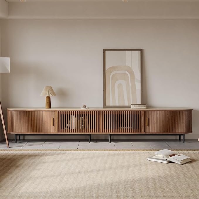 POVISON Fully-Assembled Sliding Tambour Door TV Stand, Mid Century Modern - Image 2