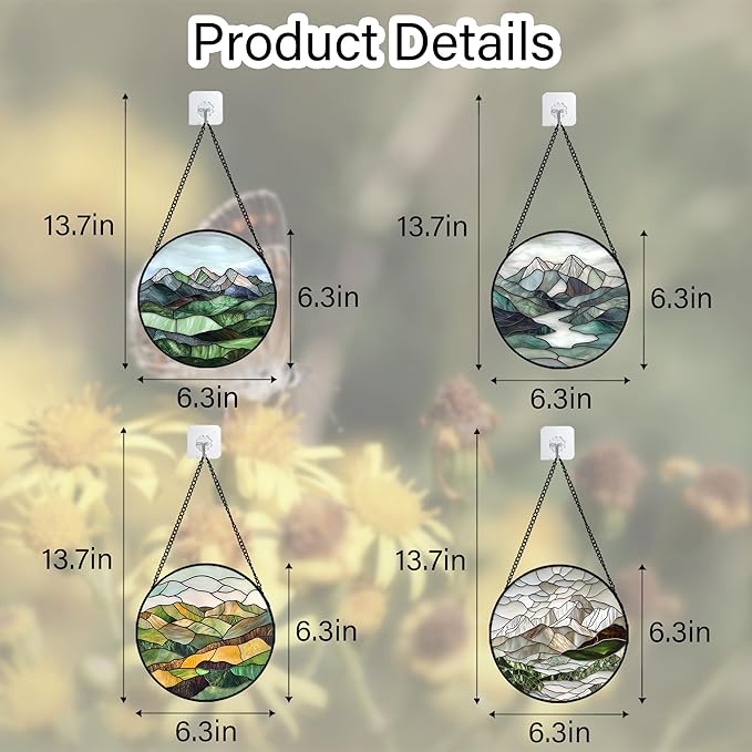 AMDERVEN Stained Glass Window Hanging 4 Pcs Set Mountain River Landscape 6.3" - Image 6