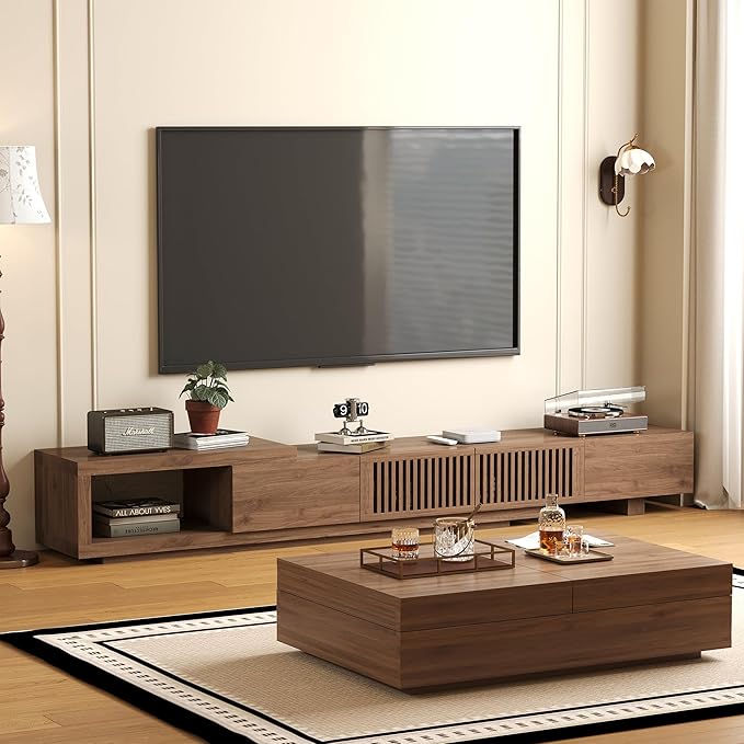 NessCarsti Mid-Century Modern TV Stand & Expandable Coffee Table Set, Walnut - Image 7