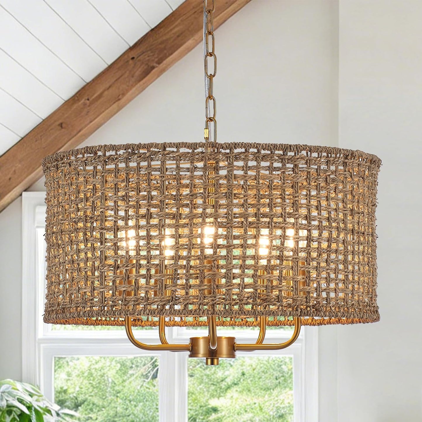 19.7" Gold Rattan Chandelier, 5-Light Boho Wicker Light Fixture | Hand-Woven Rattan Pendant Light; Adjustable Chain; Farmhouse Basket Drum Chandeliers for Dining Room, Kitchen Island, Bedroom