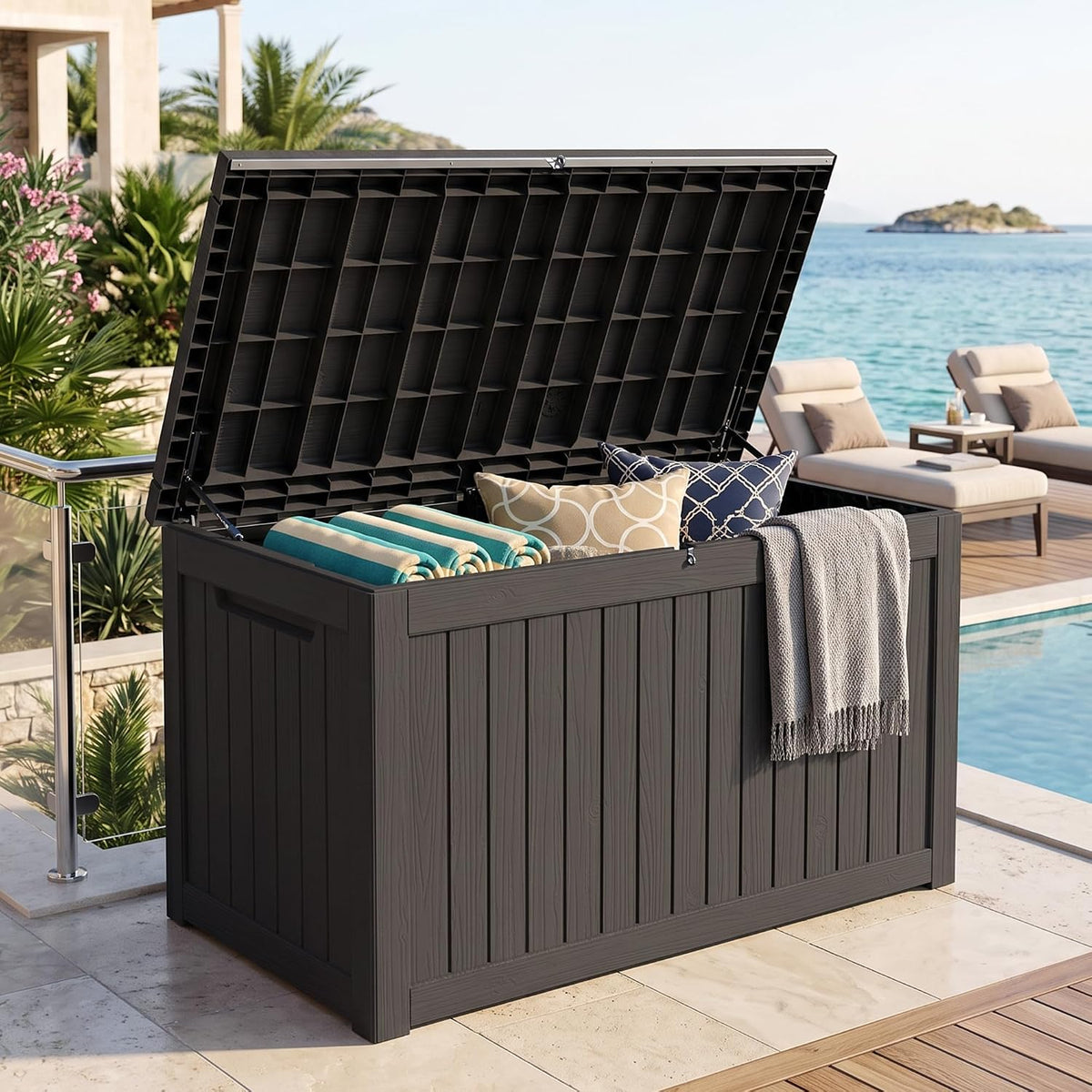 outdoor storage box, 270 gallon waterproof deck box, main product view