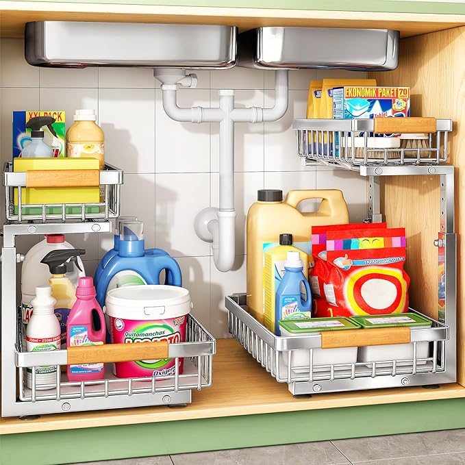 Under Sink Organizer, Stainless Steel 2 Packs 2 Tier Under Sink Organizers and by Kitstorack