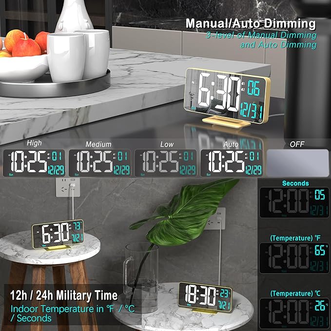 KOSUMOSU Dual Alarm Clock 6.7in Gold Desk Clock - Image 3