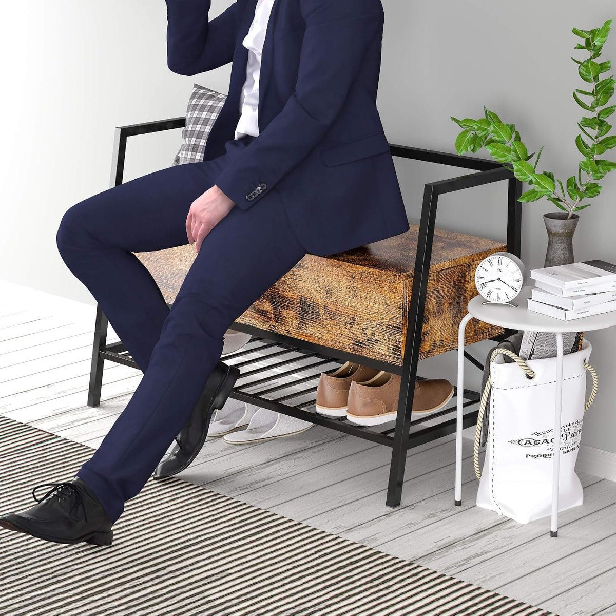 ironck shoe storage bench with practical storage for, side view