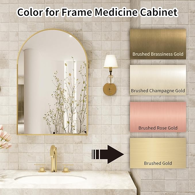 Gold Medicine Cabinet with Mirror, Bathroom Arched Medicine Cabinet Wall Mounted - Image 3