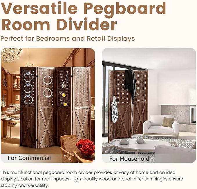 ALeesing 4 Panel Pegboard Wood Room Divider, 5.6Ft Pegboard Display Folding - Image 4
