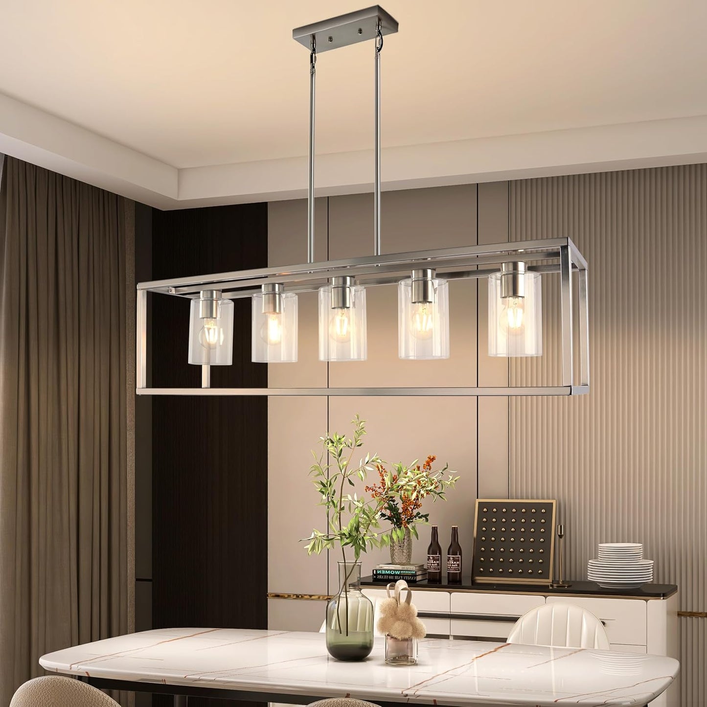 5 Light Chandeliers for Dining Room, Island Room Light Fixture | Sliver Modern Industrial Kitchen Lighting Fixtures Ceiling Easy Installation Pendant Lights for Bar Restaurant-E26 Socket