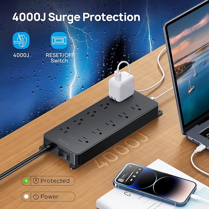 TROND Power Strip Surge Protector, Flat Plug 15ft Long Extension Cord, 10 - Image 4