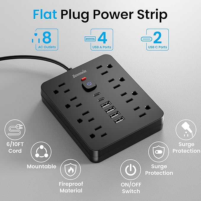 Bawmwim Surge Protector Power Strip, 8 Outlets, 6 USB Charging Ports, 6FT Flat - Image 3