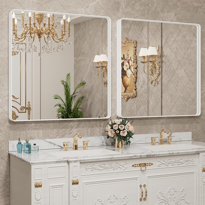 LOAAO 30x30 Inch White Metal Framed Bathroom Mirror - Image 4