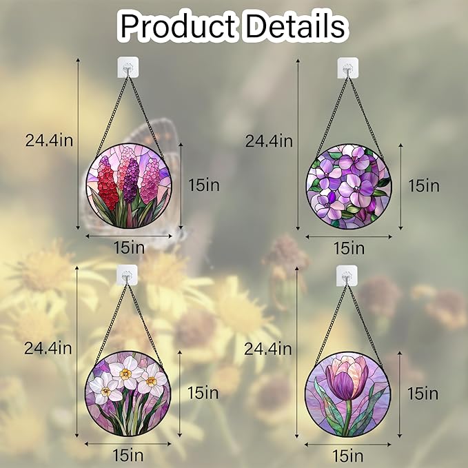 DASTOLL Stained Glass Window Hanging 4 Pcs Set Purple Flower Theme Large 15" - Image 6