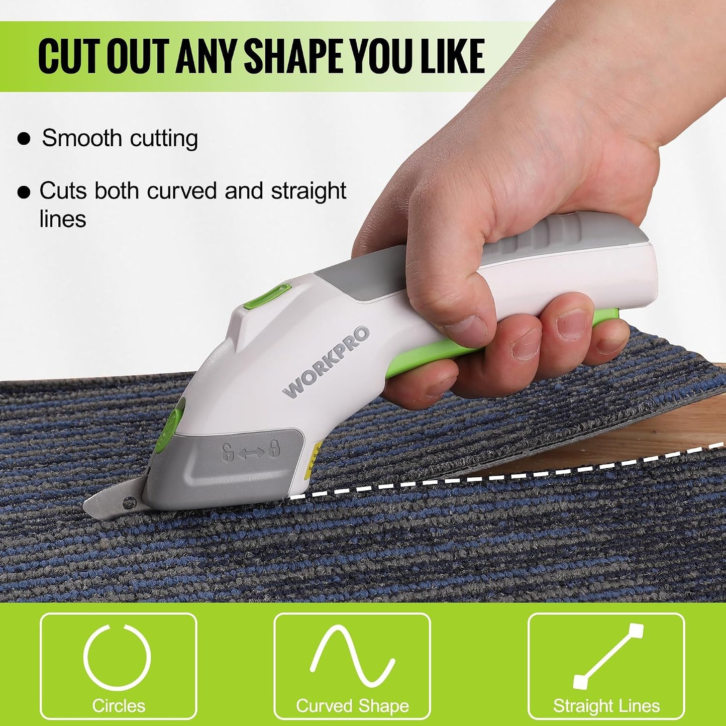 WORKPRO Cordless Electric Scissors with 2 Blades, Rechargeable Power Shears | Fabric Cutting, Leather, Carpet, Cardboard, Ergonomic Grip, Portable Design, Sewing, Scrapbooking, Craft Projects