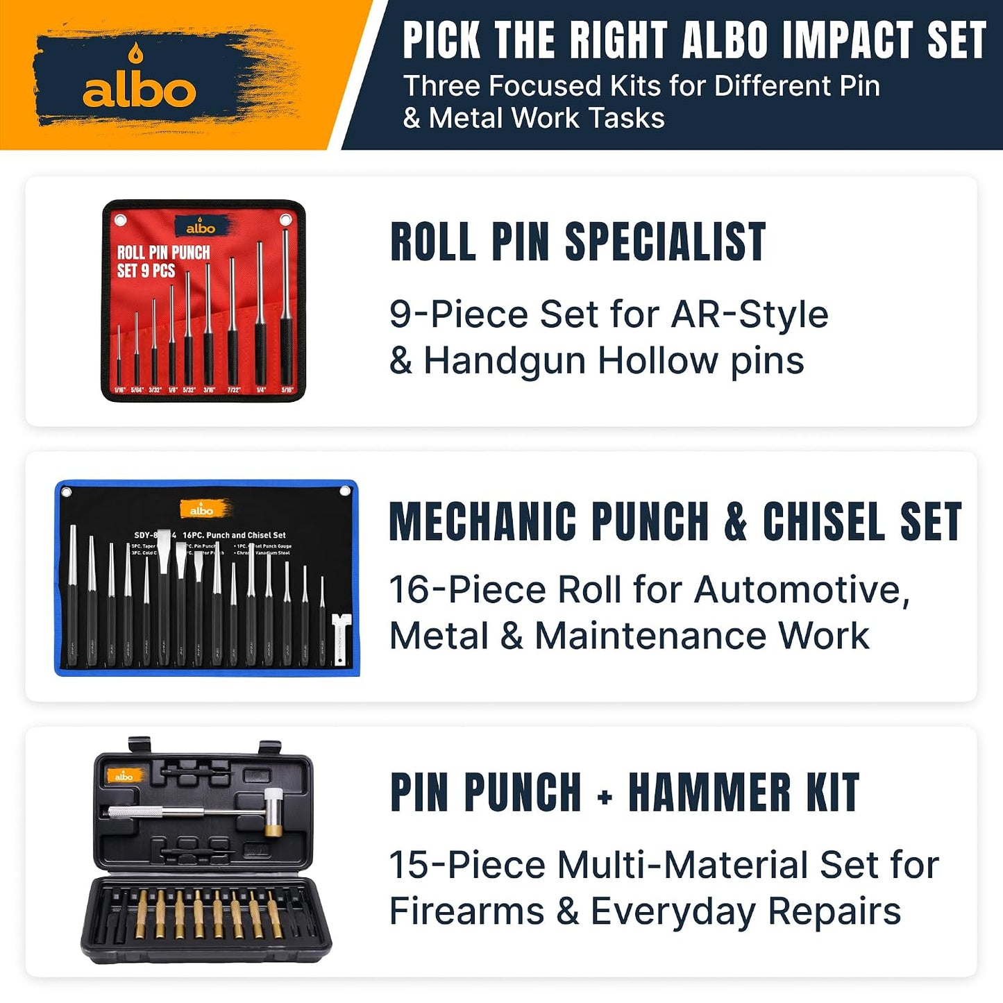 ALBO Roll Pin Punch Set, 9-Piece SAE 1/16–5/16 in, Chrome Vanadium Steel, Heat-Treated Pin Punch Kit with Knurled Handles, Roll-Up Storage Pouch, for Automotive & Small Machinery