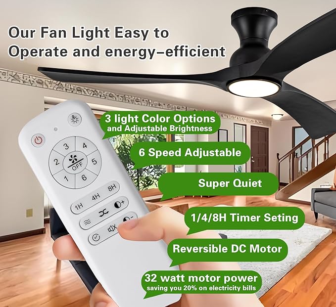 Gaizw Black Ceiing Fans with lights and Remote Control, 52 Inch Modern Wooden - Image 4