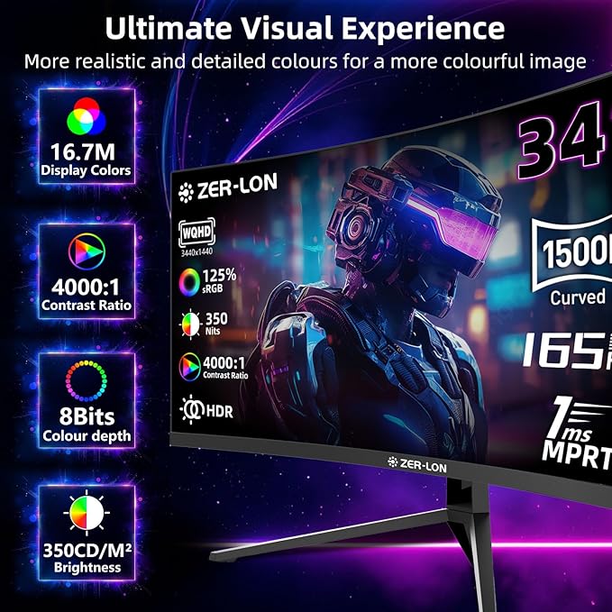 ZER-LON 34 inch Curved Gaming Monitor, 21:9 WQHD 3440×1440 165Hz Ultrawide - Image 2