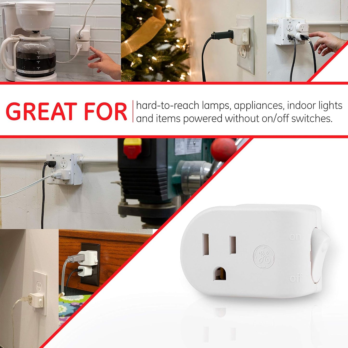 GE Grounded On/Off Power Switch, Plug-In, White, Energy Efficient, Space Saving Design, UL Listed, 15A, 120VAC, 1800W, 25511 | Space Saving Design, UL Listed, 15A, 120VAC, 1800W, White, 25511