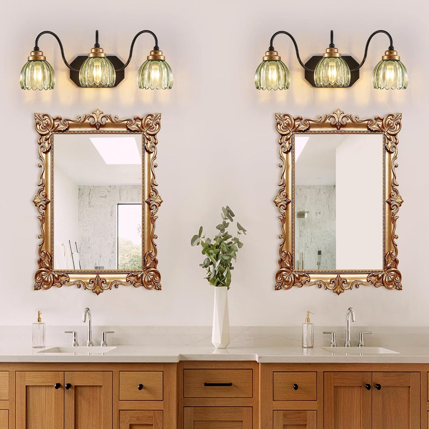 Vintage Gold Bathroom Light Fixtures,3 Light Green Tulip Crystal | Brushed Gold Vanity Lights,Matte Antique Brass Finish, Mid Century Style,Wall Sconces for Bedroom,Hallway,Easy to Install