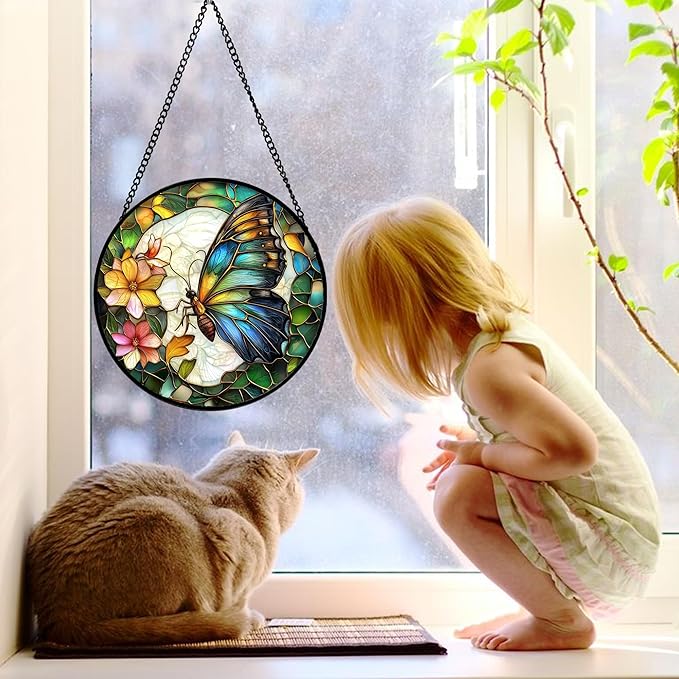 DASTOLL Stained Glass Window Hanging, Butterfly Flower Sun Catchers Diamond - Image 4