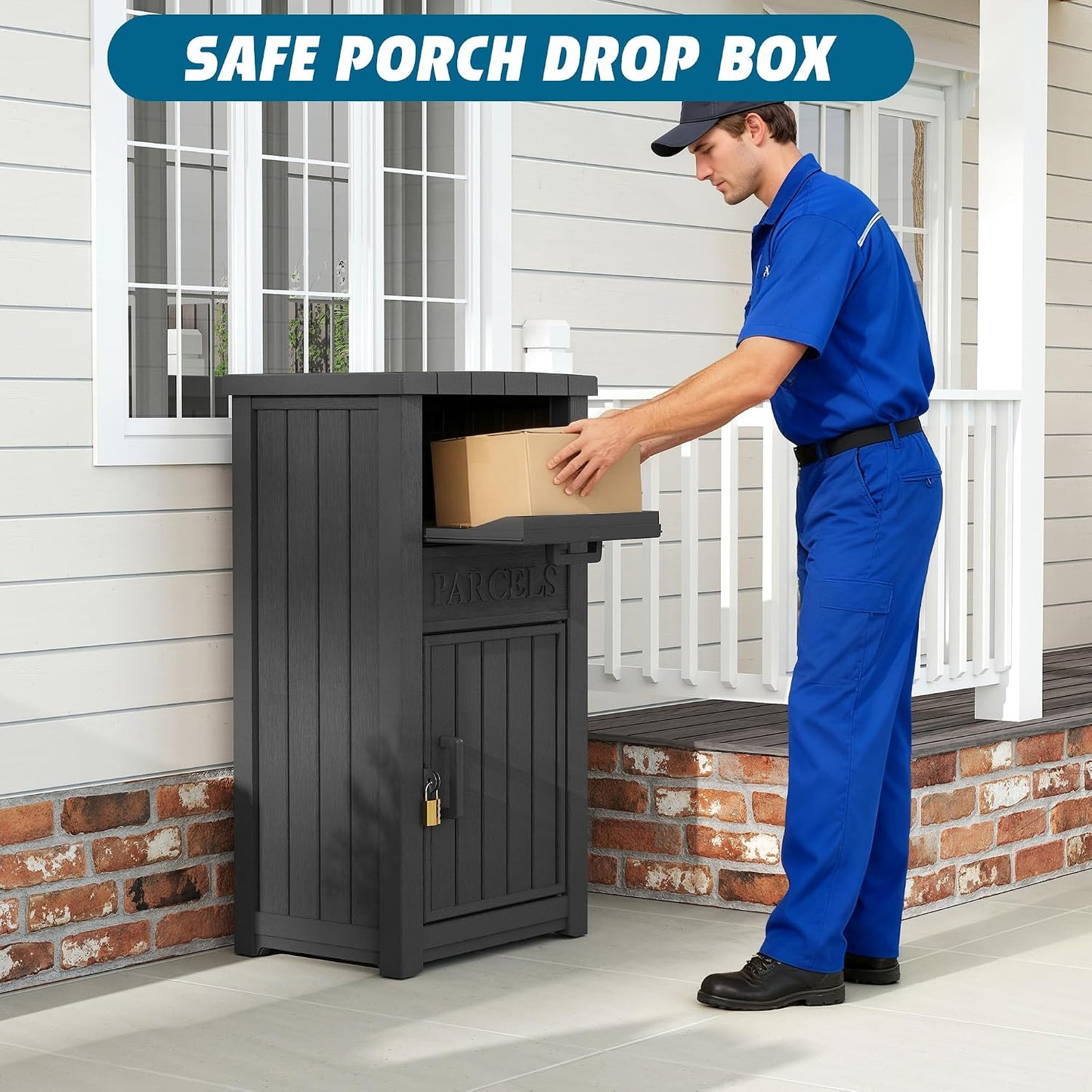 Package Delivery Box with Sign, Lockable & Weatherproof Anti-Theft Parcel Delivery Box for Porch, Curbside, Patio，Black