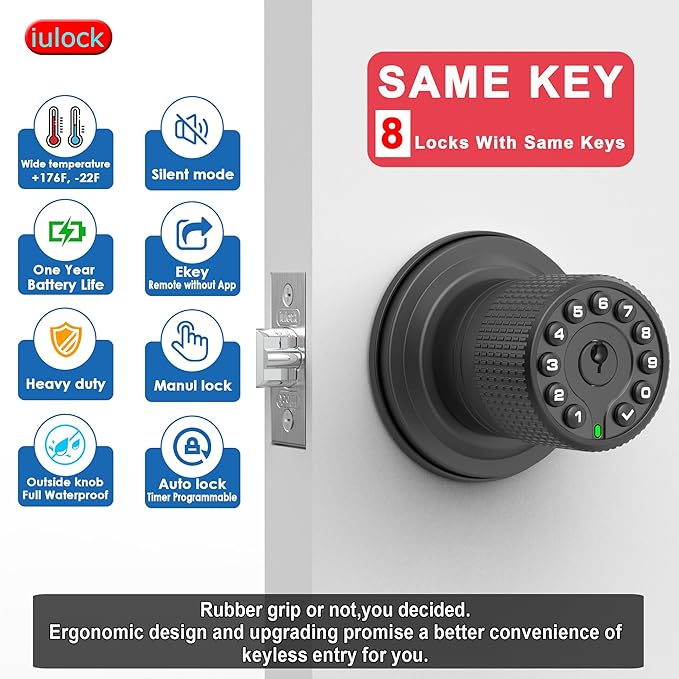 iulock Smart Door Knob with Keypad and Key, Keyless Entry Door Lock with Rubber - Image 3