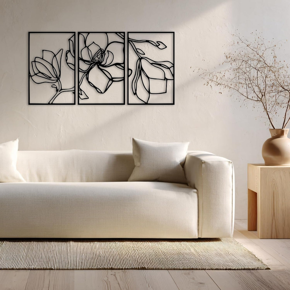 Wita Home Poppy Flower Metal Wall Art, 3-Panel Botanical Line Design, Modern