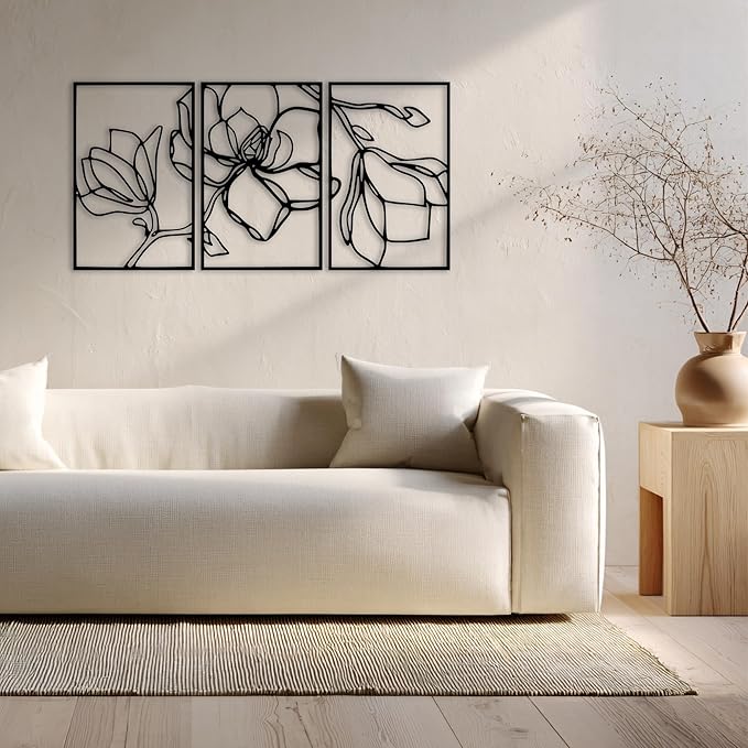 Wita Home Poppy Flower Metal Wall Art, 3-Panel Botanical Line Design, Modern by WitaHome