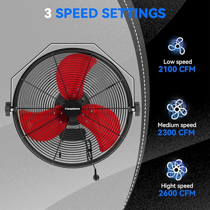 2600 CFM 14 inch Outdoor High Velocity Wall Mounted Fan, 3-Speed Metal Fans - Image 2