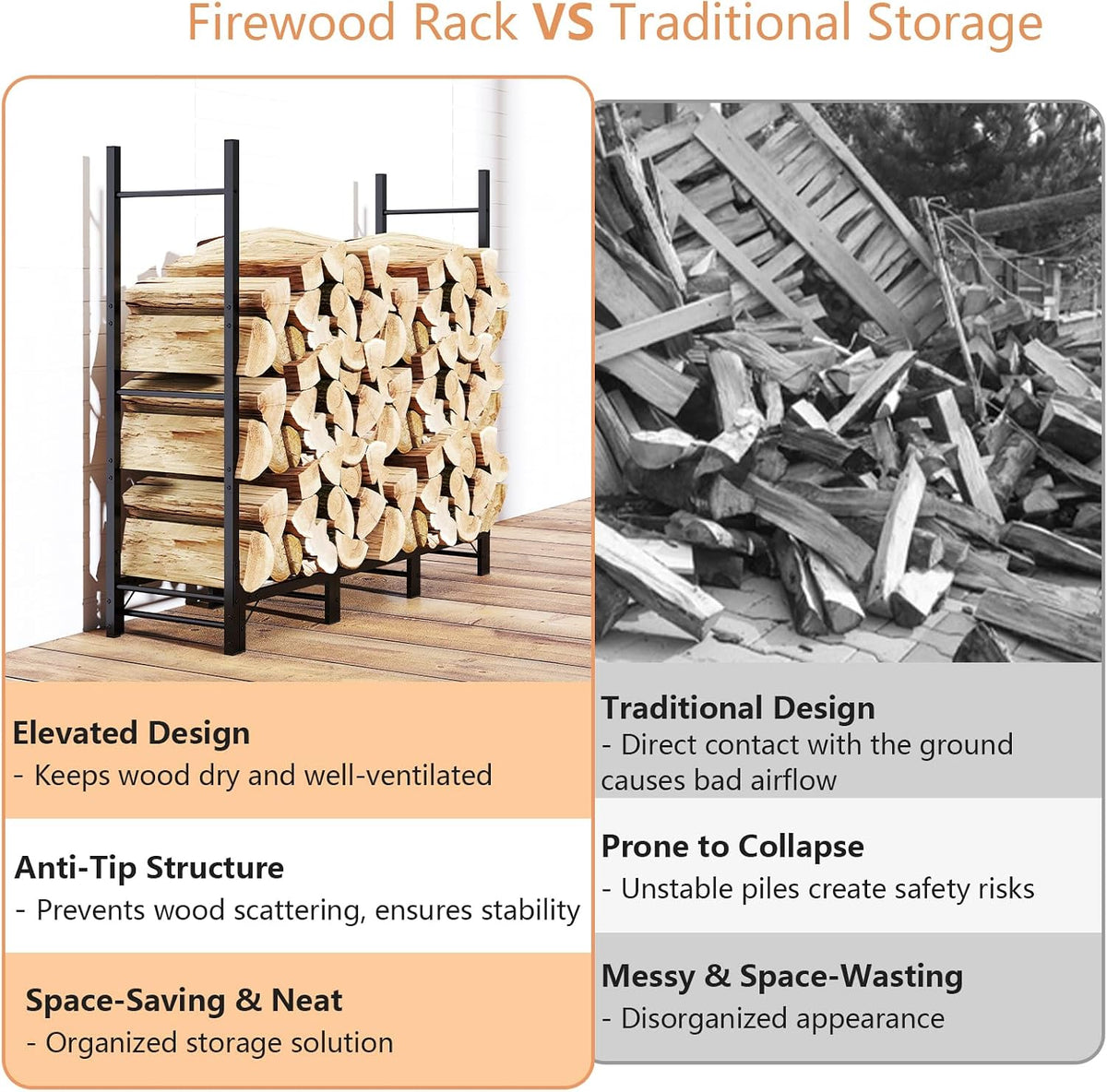 c-hopetree 4ft outdoor indoor firewood rack, adjustable metal, side view