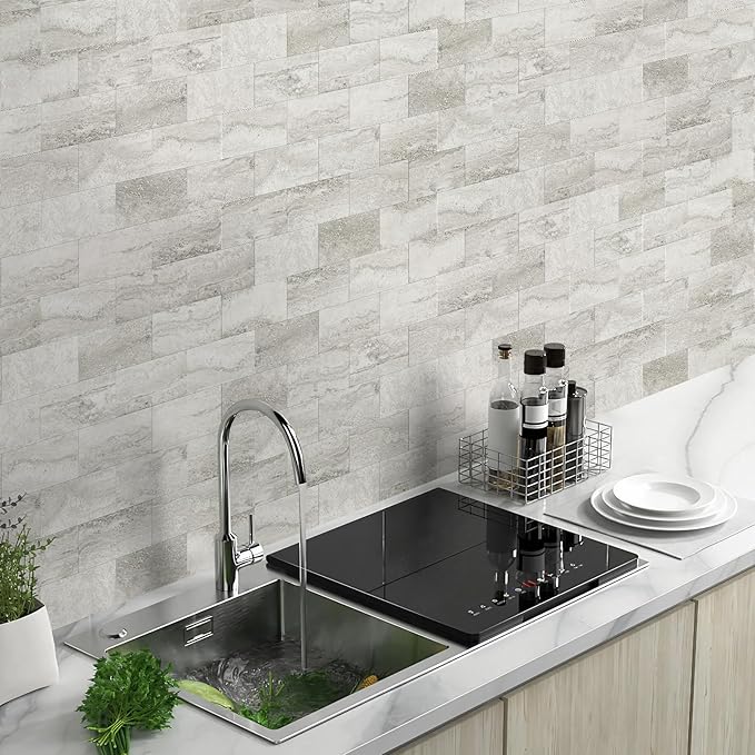 Vamos Tile 100-Piece Matt Beige Mixed Grey Slate Peel and Stick Backsplash - Image 5