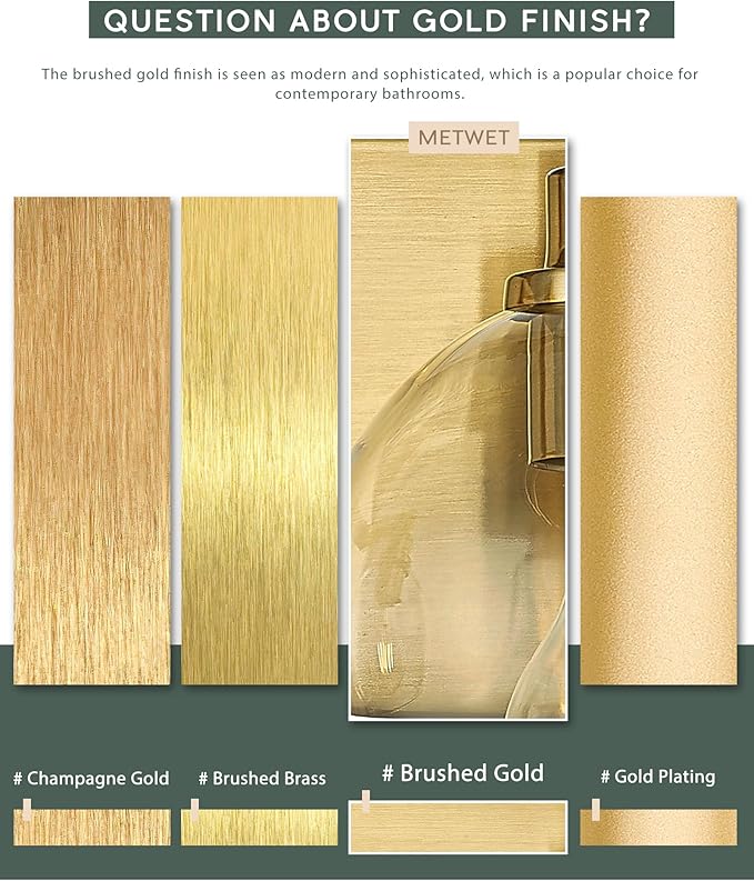 METWET Bathroom Light Fixtures, 2 Light Brushed Gold Vanity Light, Modern Wall - Image 6
