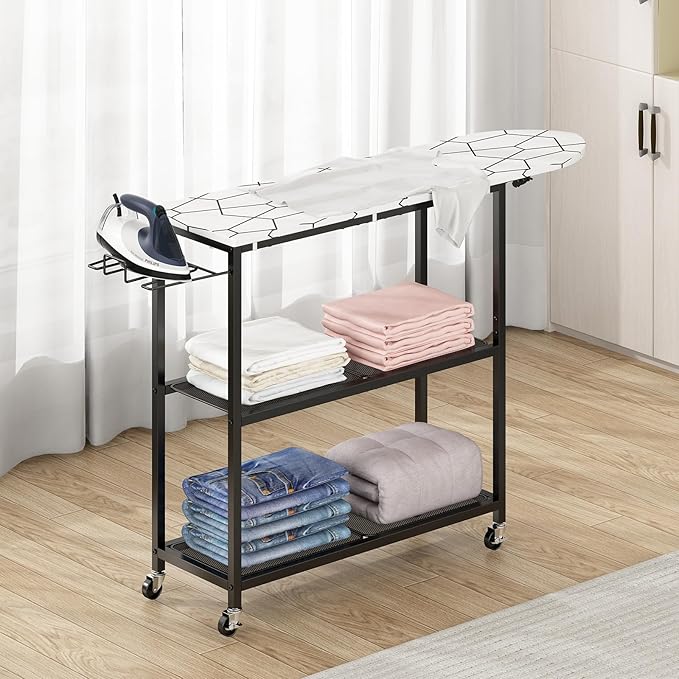 GILLAS Ironing Board with 2 Tier Storage Basket, Movable Ironing Board Full Size by GILLAS