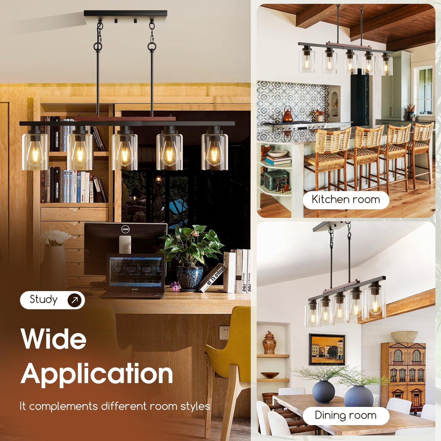5-Light Dining Room Light Fixture 33.4" Kitchen Island Lighting | Linear Chandelier, Clear Glass Shades, Adjustable Height,for Kitchen Island, Dining Room