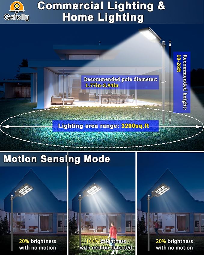 Gefolly SL-4600W Solar Street Light Outdoor 460000LM Wide Angle Commercial - Image 5