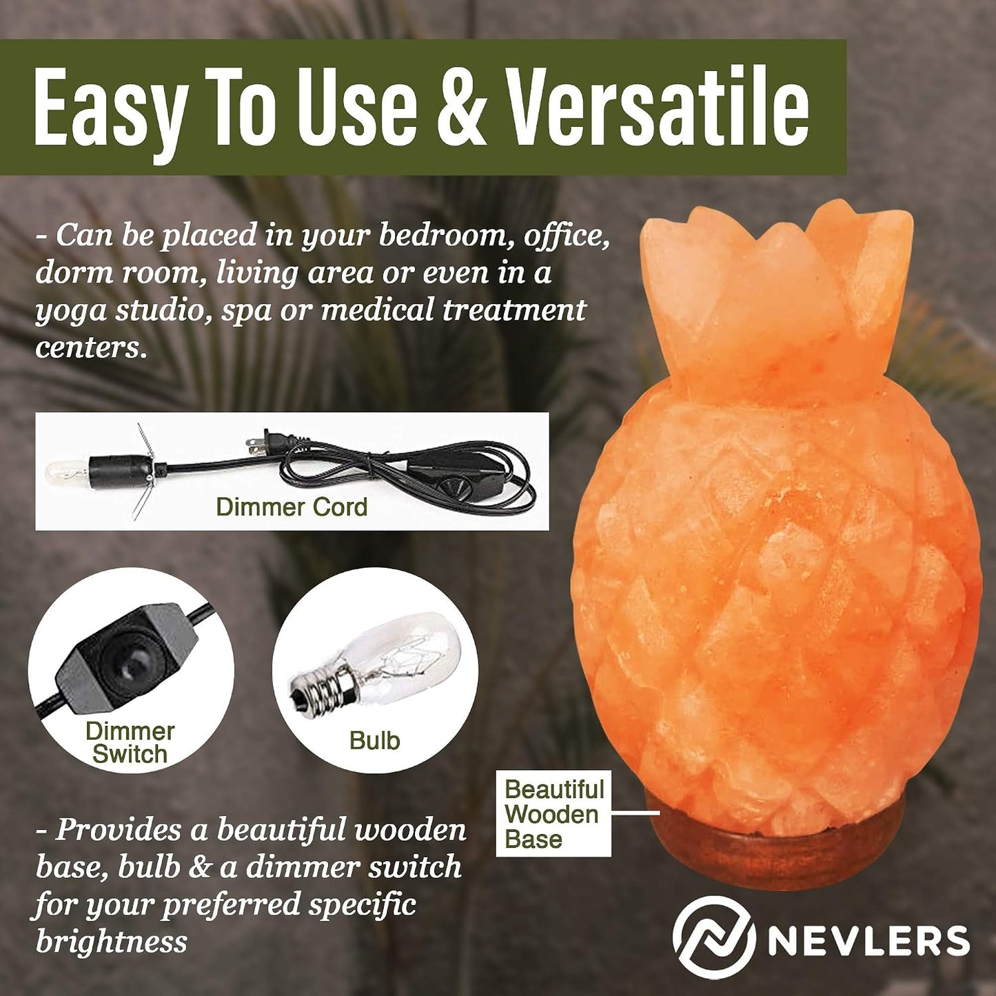 Nevlers Pineapple Shape Pink Himalayan Salt Lamp w/Wood Base for Home Decor | 7-8 lbs & 7"- 8" Tall Himalayan Pink Salt Lamp w/Dimmer Cord & Light Bulb | 100% Salt Rock Lamp | Ambient Salt Crystal Lamp