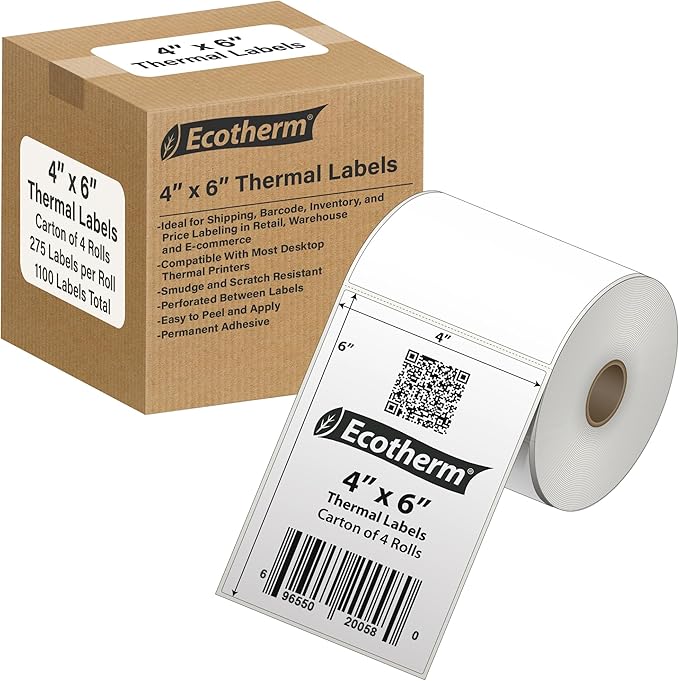 4" x 6" Thermal Labels | 4 Rolls | 1100 Labels | fits Zebra, Offnova Thermal by EcothermProducts