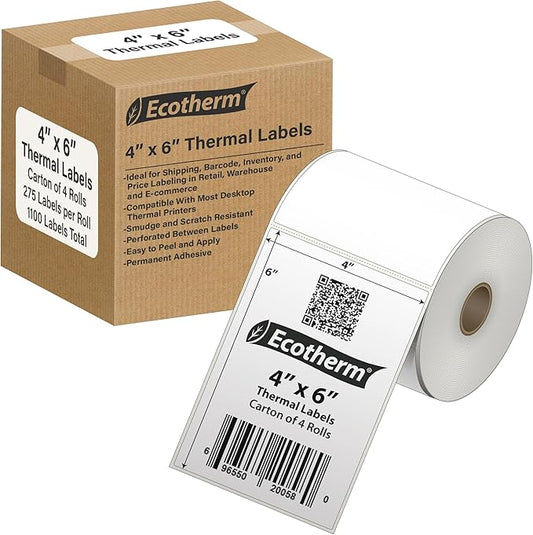4" x 6" Thermal Labels | 4 Rolls | 1100 Labels | fits Zebra, Offnova Thermal by EcothermProducts