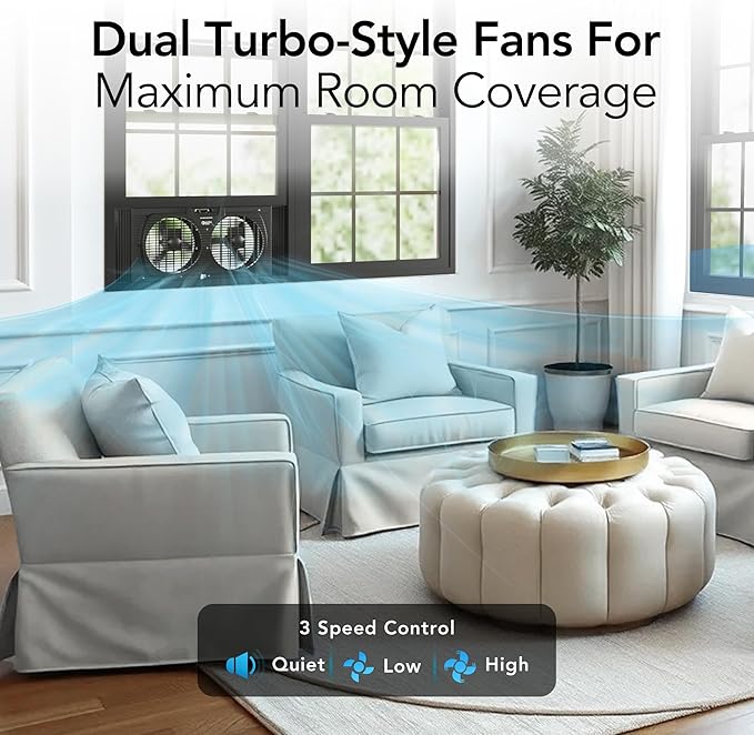 Comfort Zone Window Fan for Bedroom, 9 inch 3 Speed Dual Fans - Image 2