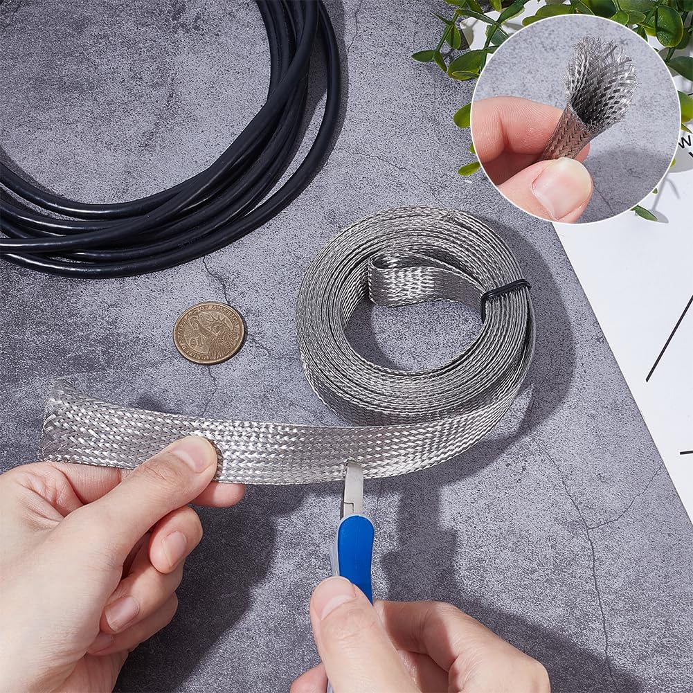 UNICRAFTALE 13.12ft(4m) 0.7" W Braided Sleeving Braid Stainless Steel Cable Wire Shielding Sleeve Ground Straps Protection Flat Metal Mesh Flexible Expandable Scalable Ribbon Wire for Protect Cable