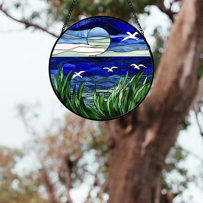 AMDERVEN Stained Glass Window Hanging 4 Pcs Set Navy Blue Ocean Landscape Large - Image 5