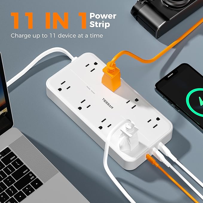 Power Strip with Surge Protection, TESSAN Flat Plug Extension Cord with 8 - Image 2