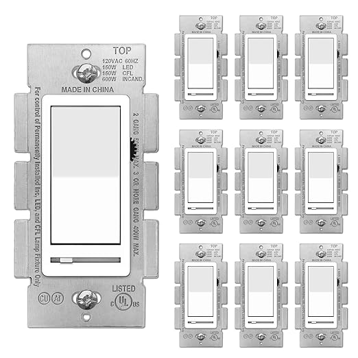BESTTEN 10 Pack Dimmer Light Switch, Single Pole or 3-Way, Slide Dimmer Switches by BESTTEN